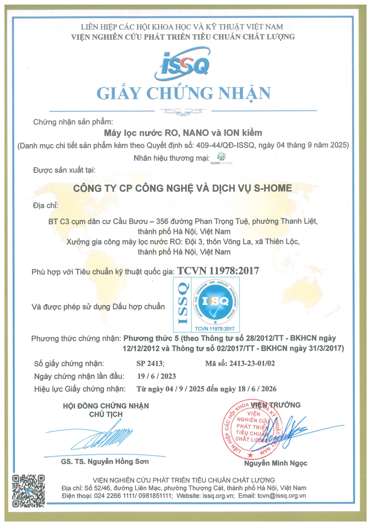 CHỨNG NHẬN TCVN 11978:2017 MÁY LỌC NƯỚC RO, NANO & ION KIỀM